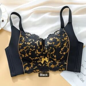 Black Lace Push Up Bra with Gold Floral Embroidery